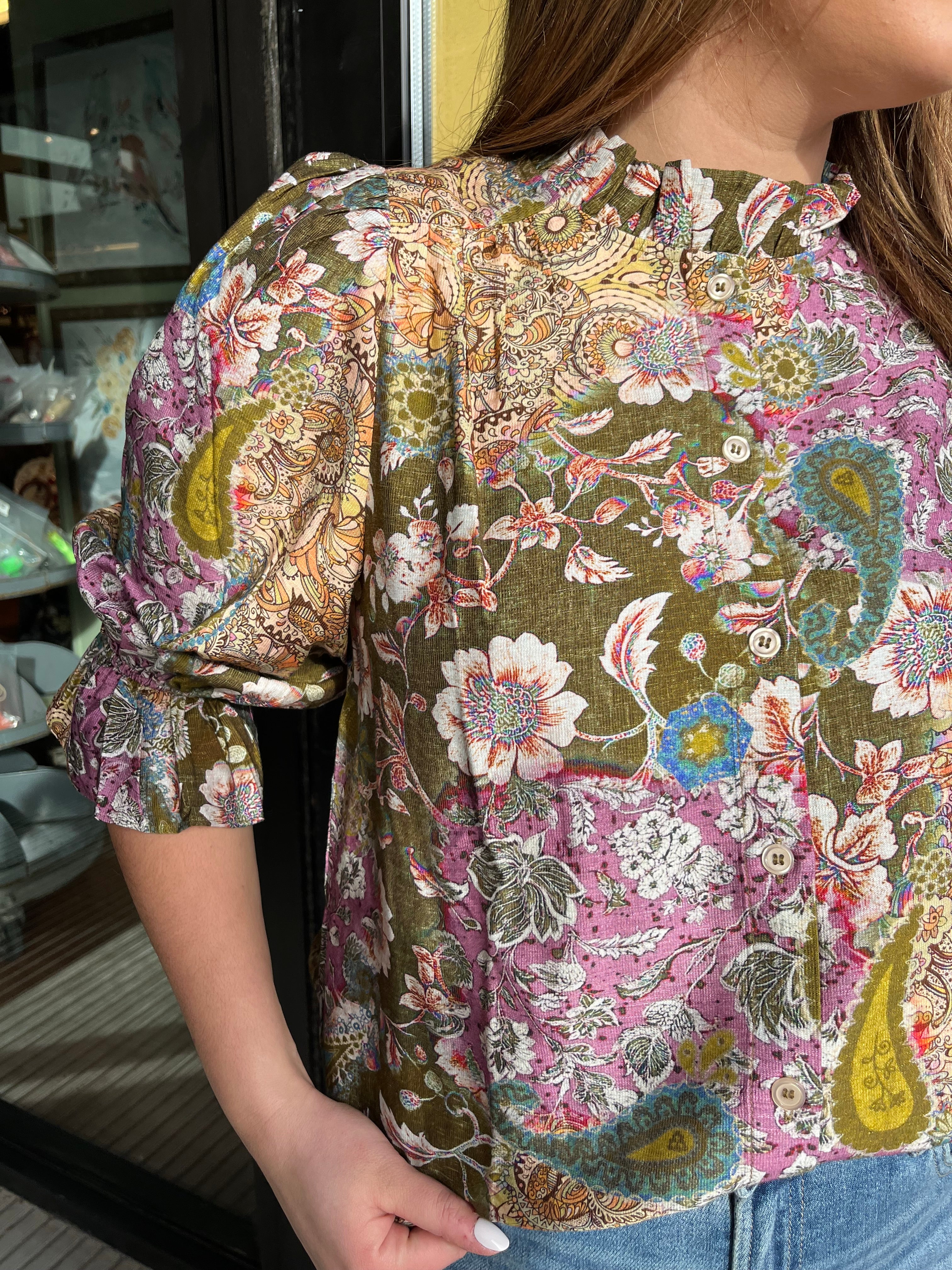 Multicolor Ruffle Neck Blouse