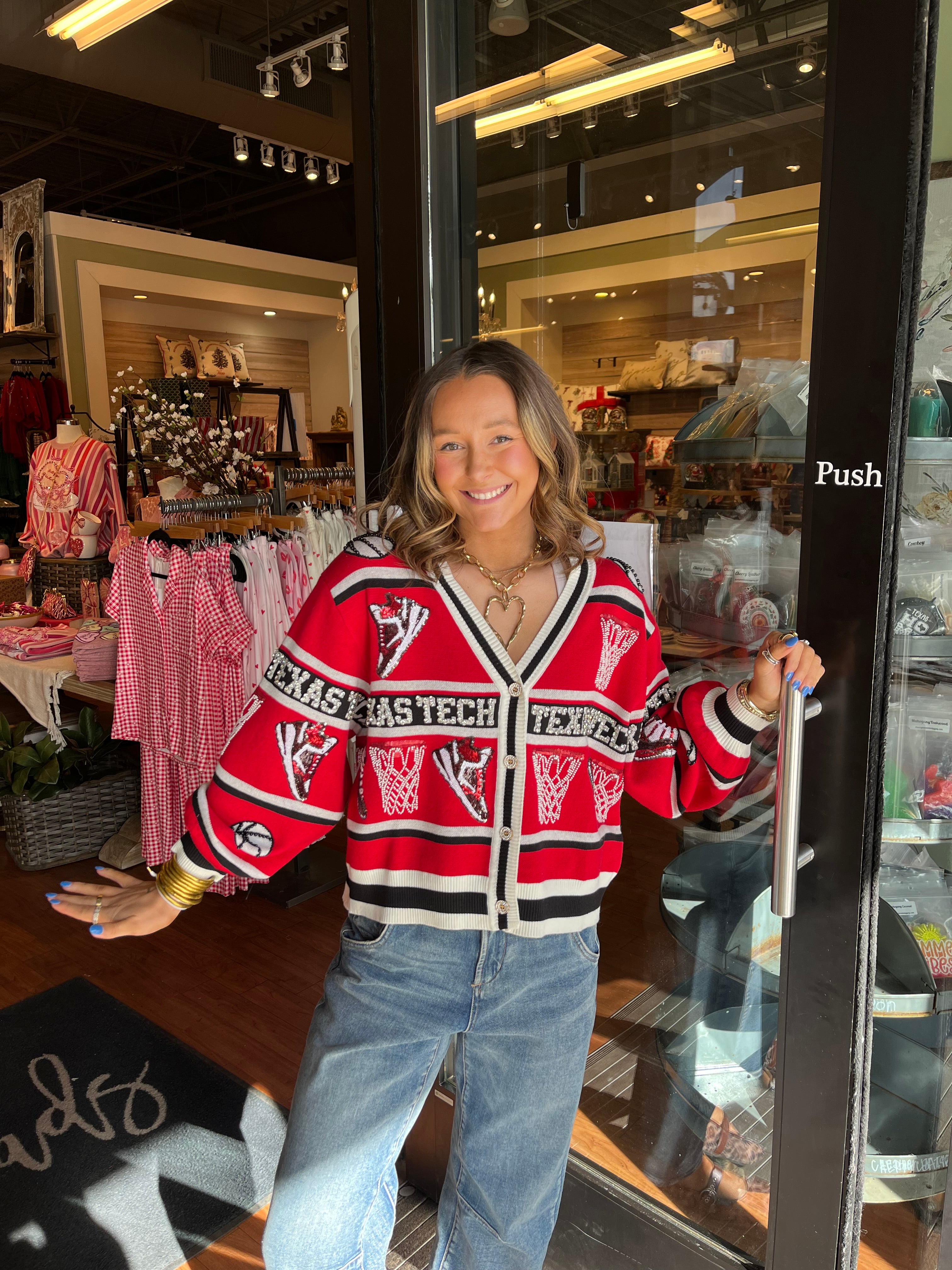 Licensed Texas Tech Striped Basketball Rhinestone Icon Cardigan