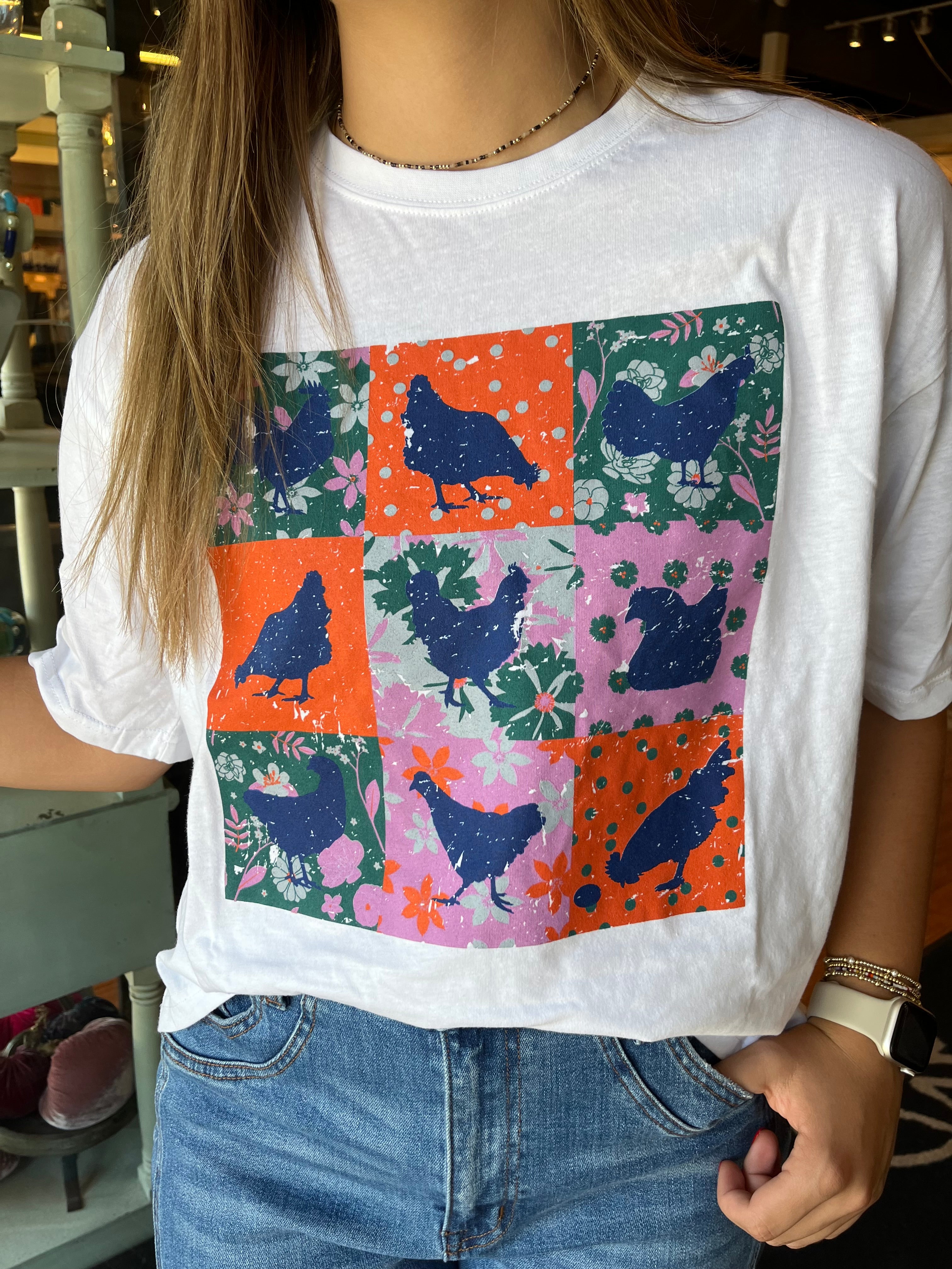 White - Checkered Chicken Crop Tee