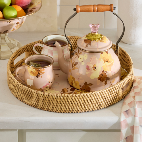 wild rose mauve enamel rattan round tray