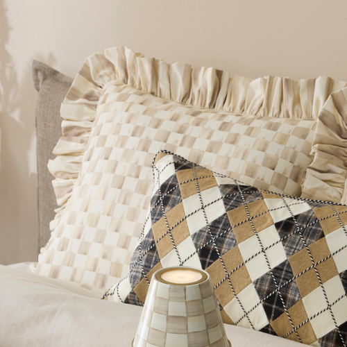 mocha check throw pillow with ruffle