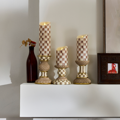 mocha check flameless 5 pillar candle