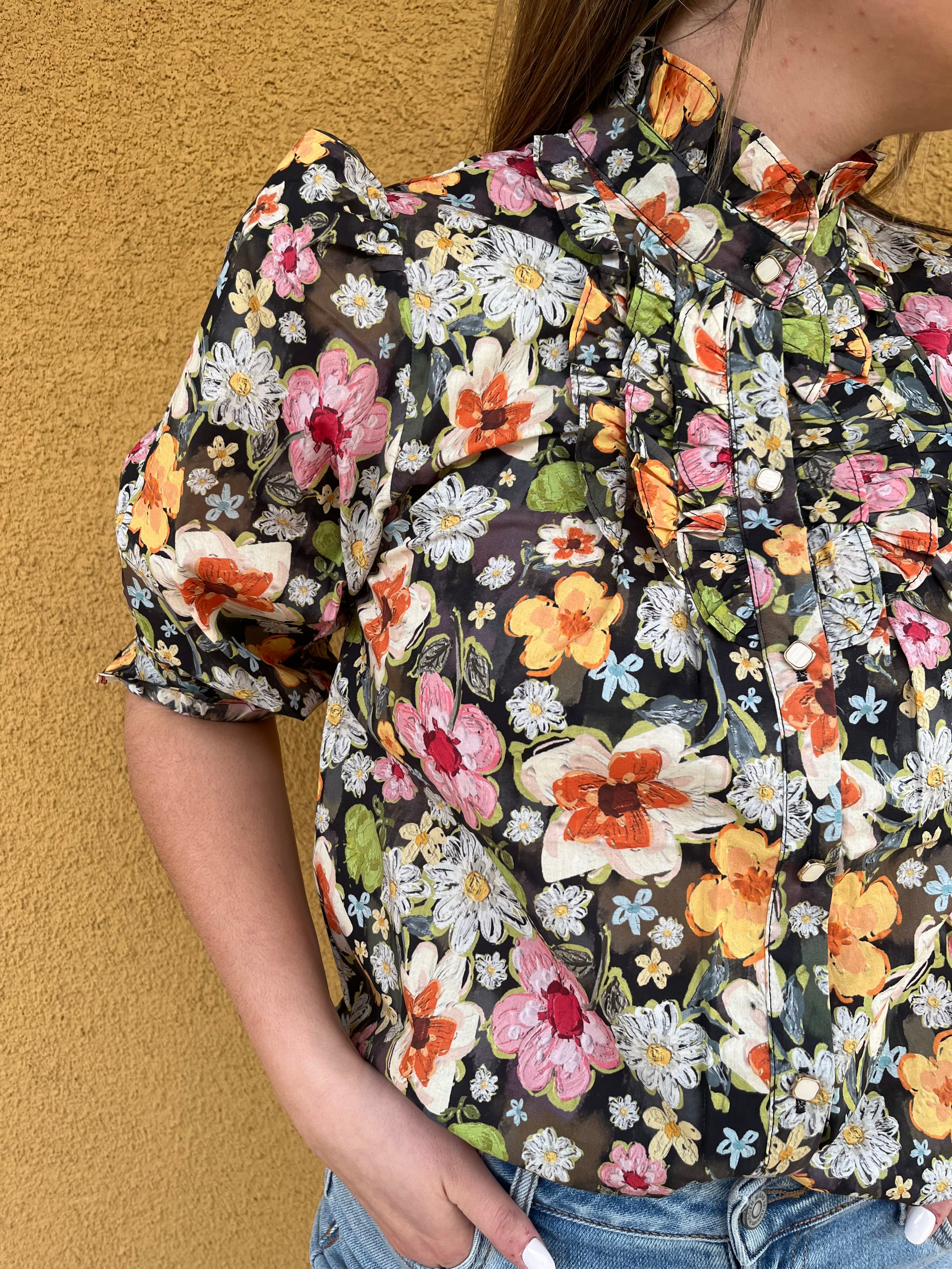 Floral Ruffle Neck Blouse