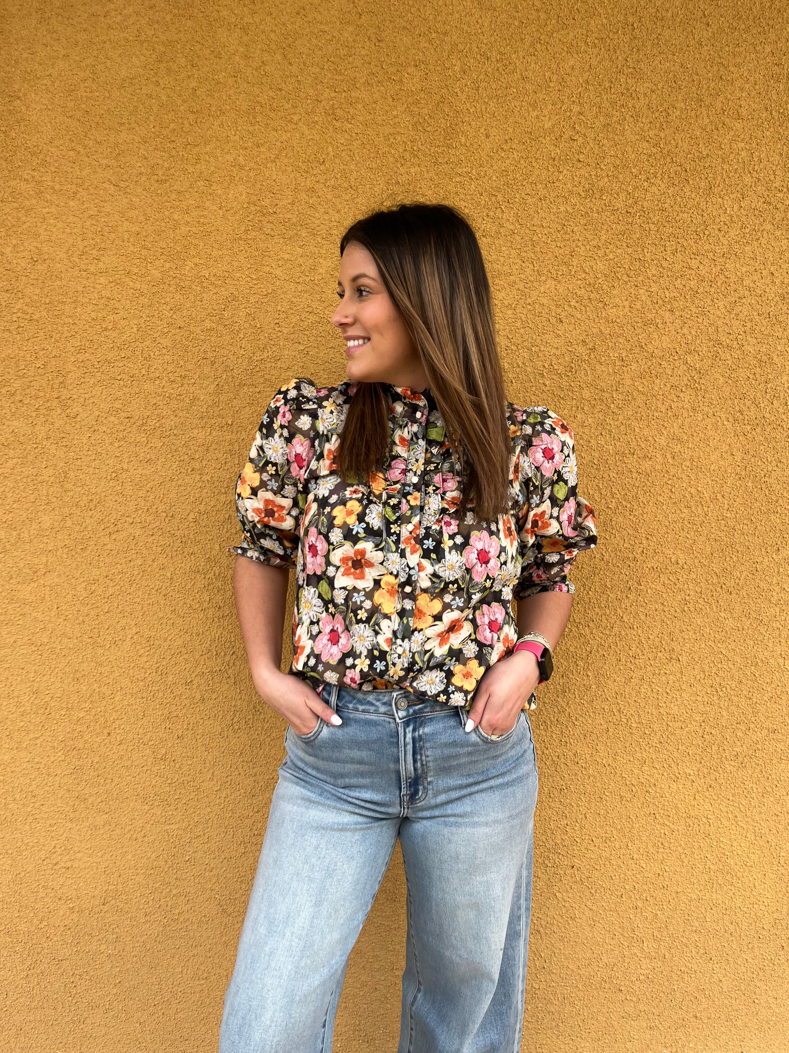 Floral Ruffle Neck Blouse