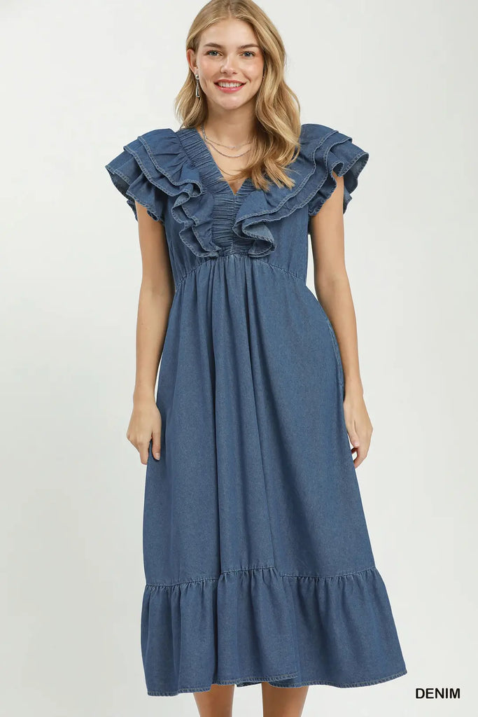 Chambray V-Neck Ruffle Midi dress Denim / Large