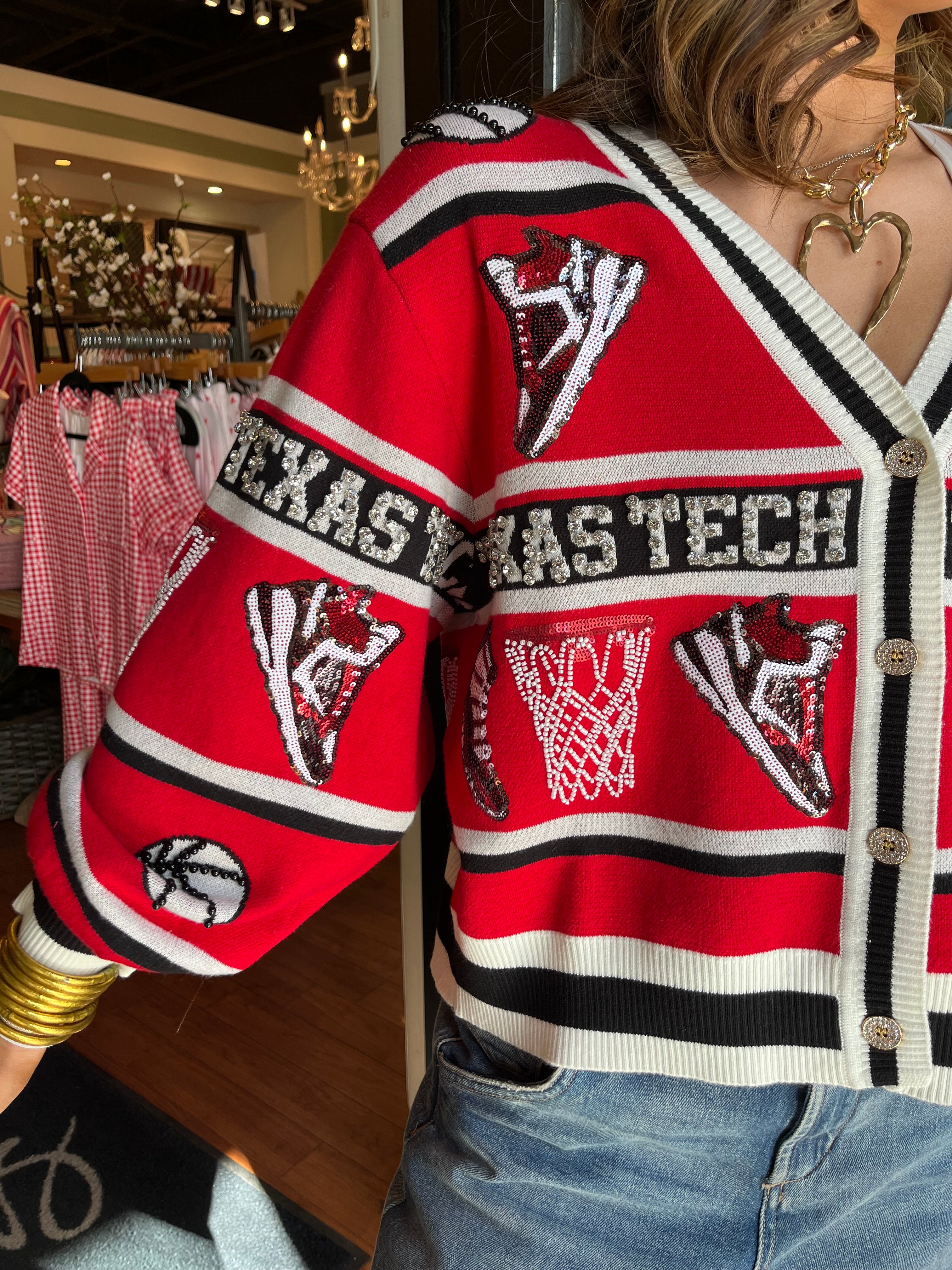 Licensed Texas Tech Striped Basketball Rhinestone Icon Cardigan