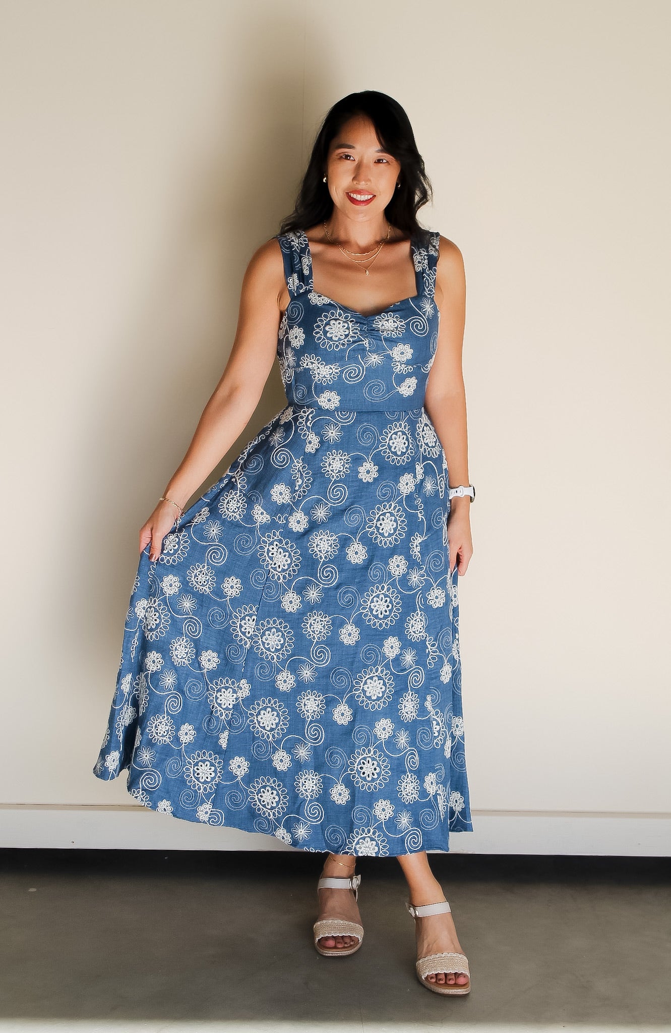 Cap Sleeve Embroidered Chambray Dress Denim / Large