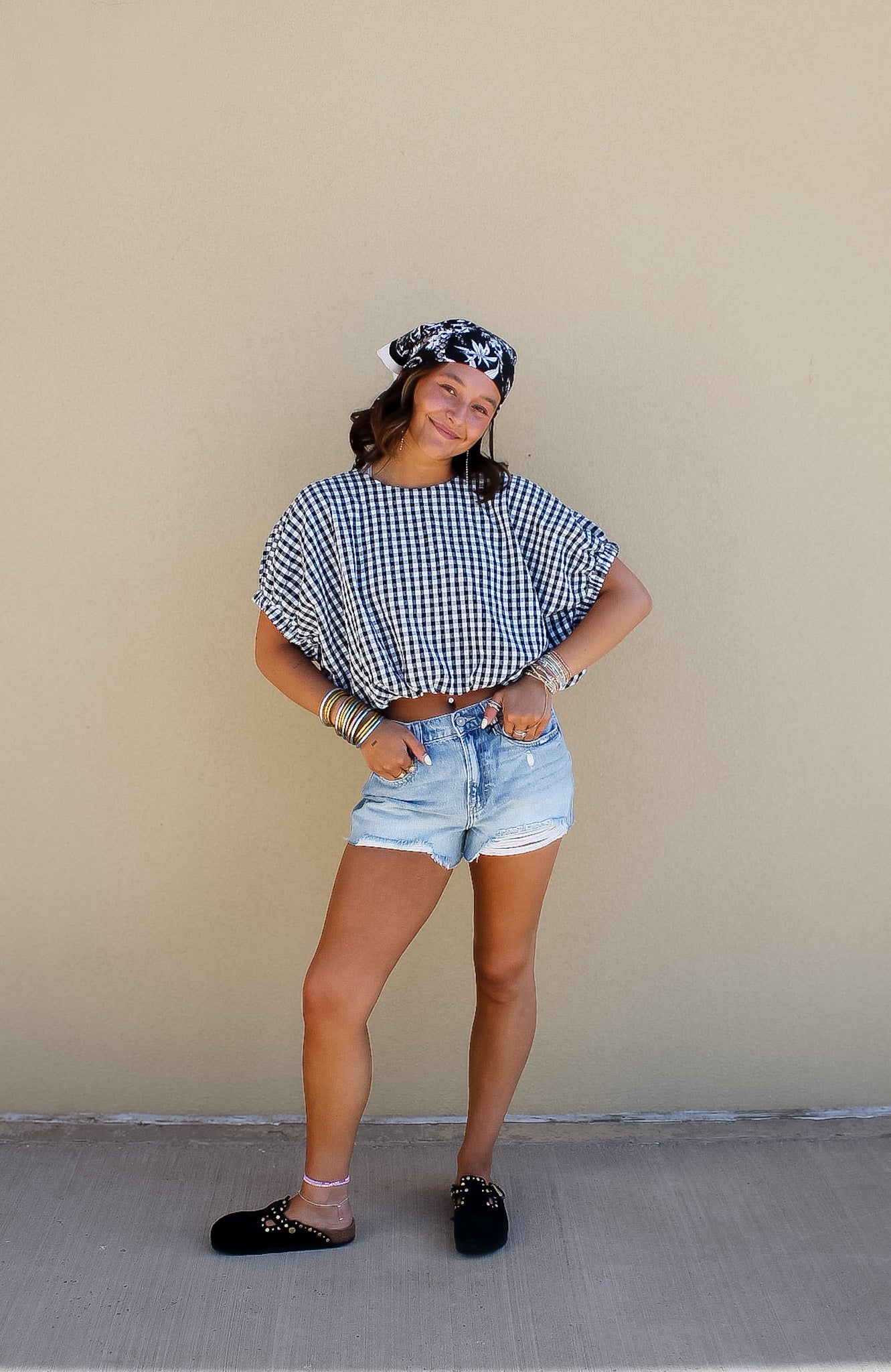 Sleevless Gingham Cinched Hem Top