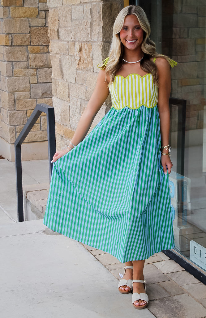 colored midi dress Pastel Puff Sleeve Midi Dress-Multi Color