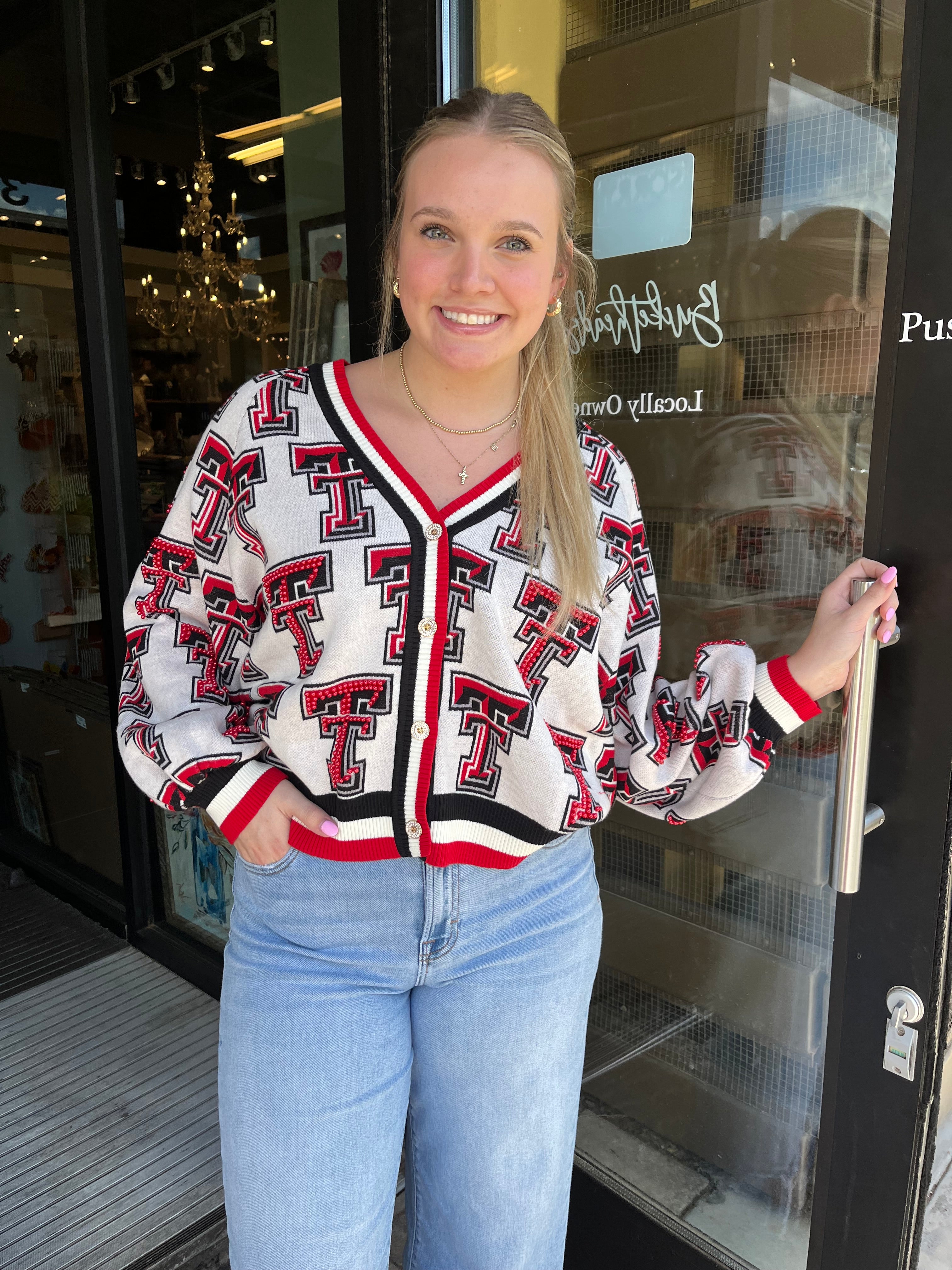 Licensed Texas Tech Knit Mascot Rhinestone Cardigan