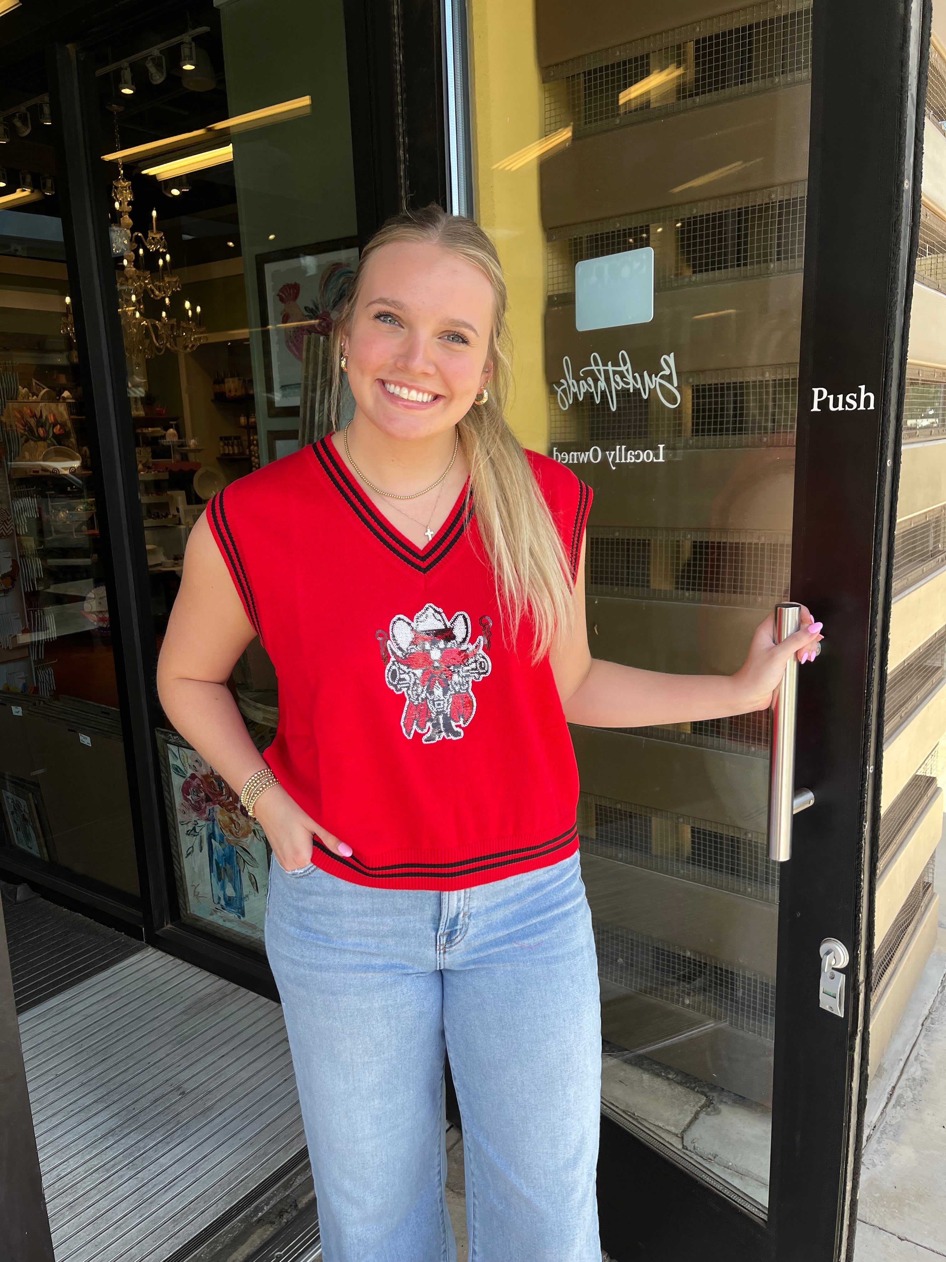 Licensed Red Texas Tech V Neck Striped Cuff Vest With Small Mascot