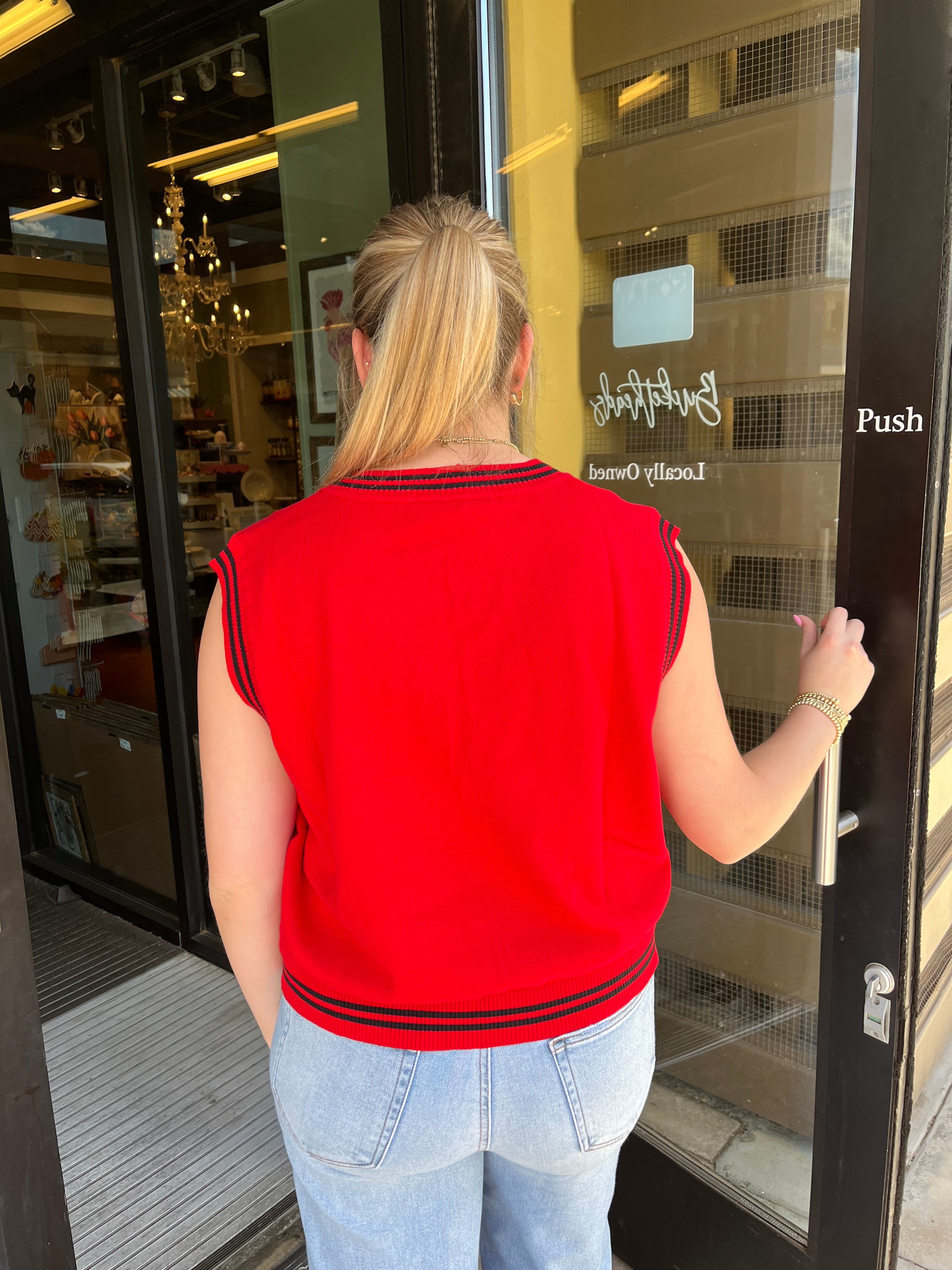 Licensed Red Texas Tech V Neck Striped Cuff Vest With Small Mascot