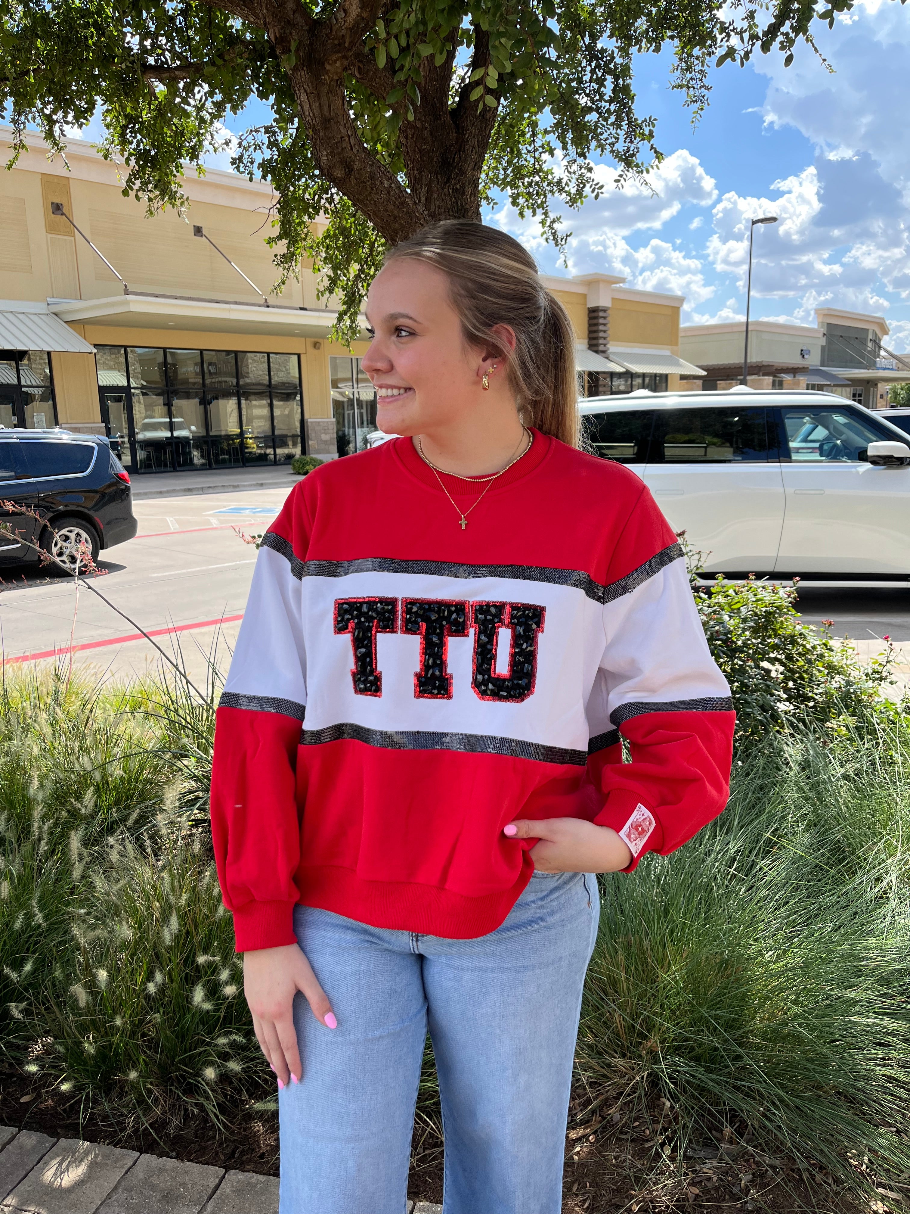 Licensed TTU Colorblock Jewel Letter Sweatshirt