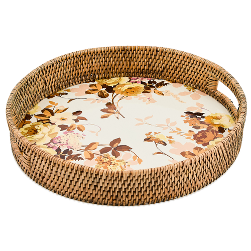 wild rose white enamel  rattan round serving tray